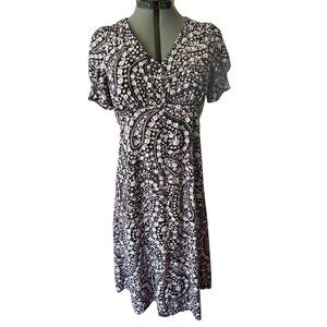 Talbots Petite Floral & Paisley Black Pink Midi Dress 4P Short Sleeve V-Neck